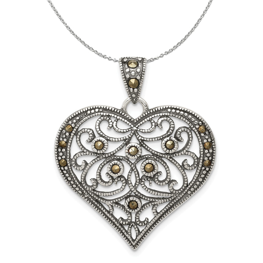 Sterling Silver and Marcasite Antiqued Scroll Heart 29mm Necklace, Item N16025 by The Black Bow Jewelry Co.