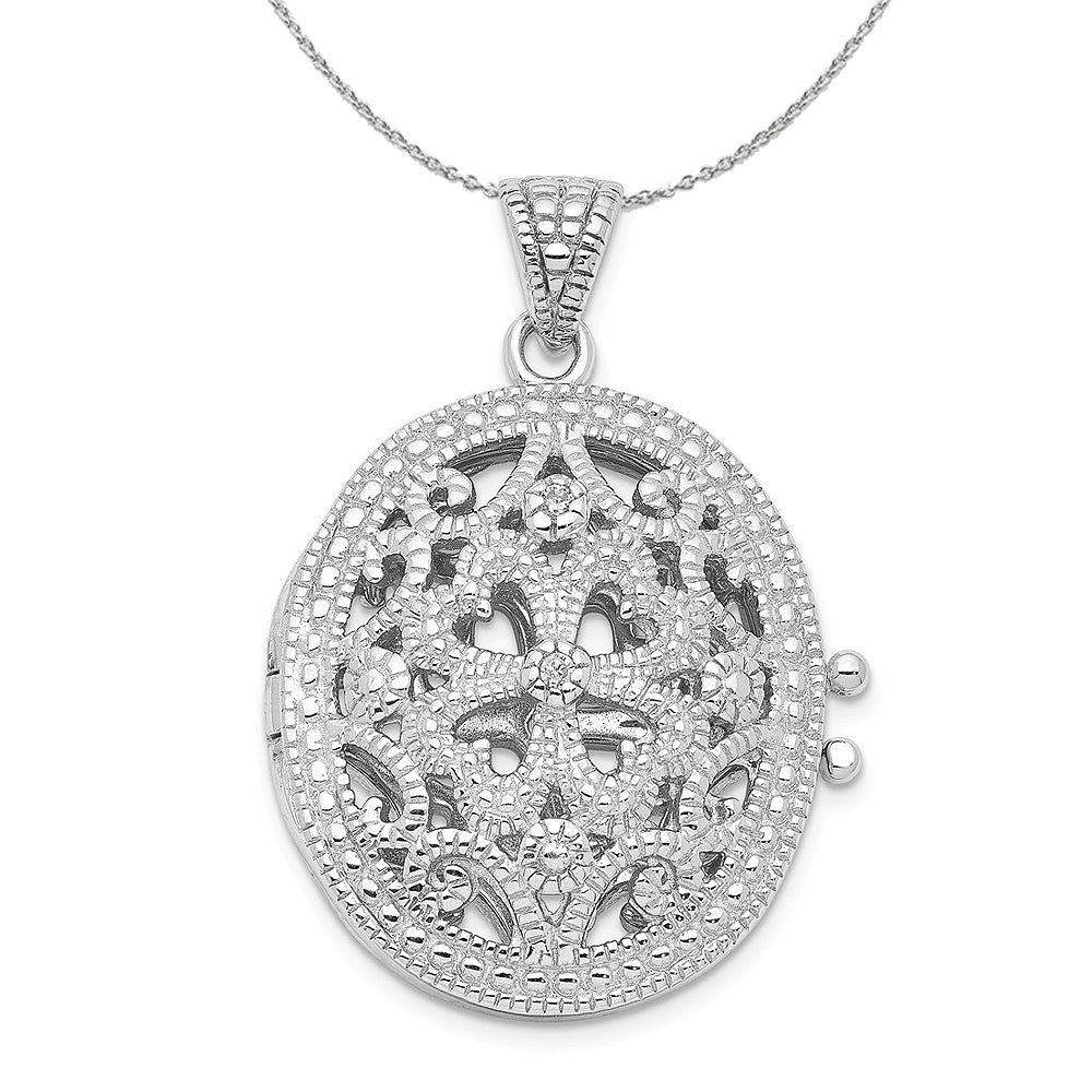 Sterling Silver and Cubic Zirconia 22mm Ornate Oval Locket Necklace, Item N16037 by The Black Bow Jewelry Co.