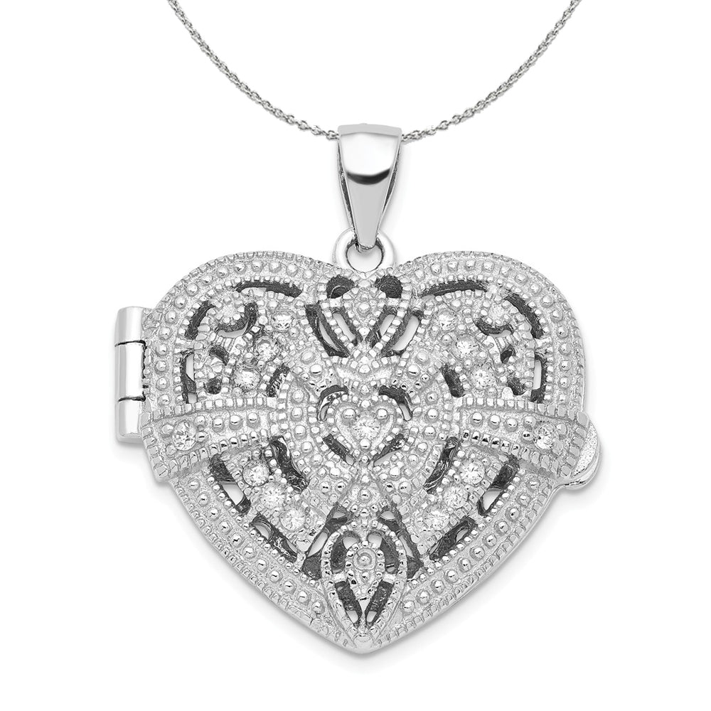 Sterling Silver and CZ Textured Design Heart Locket, 22mm Necklace, Item N16038 by The Black Bow Jewelry Co.