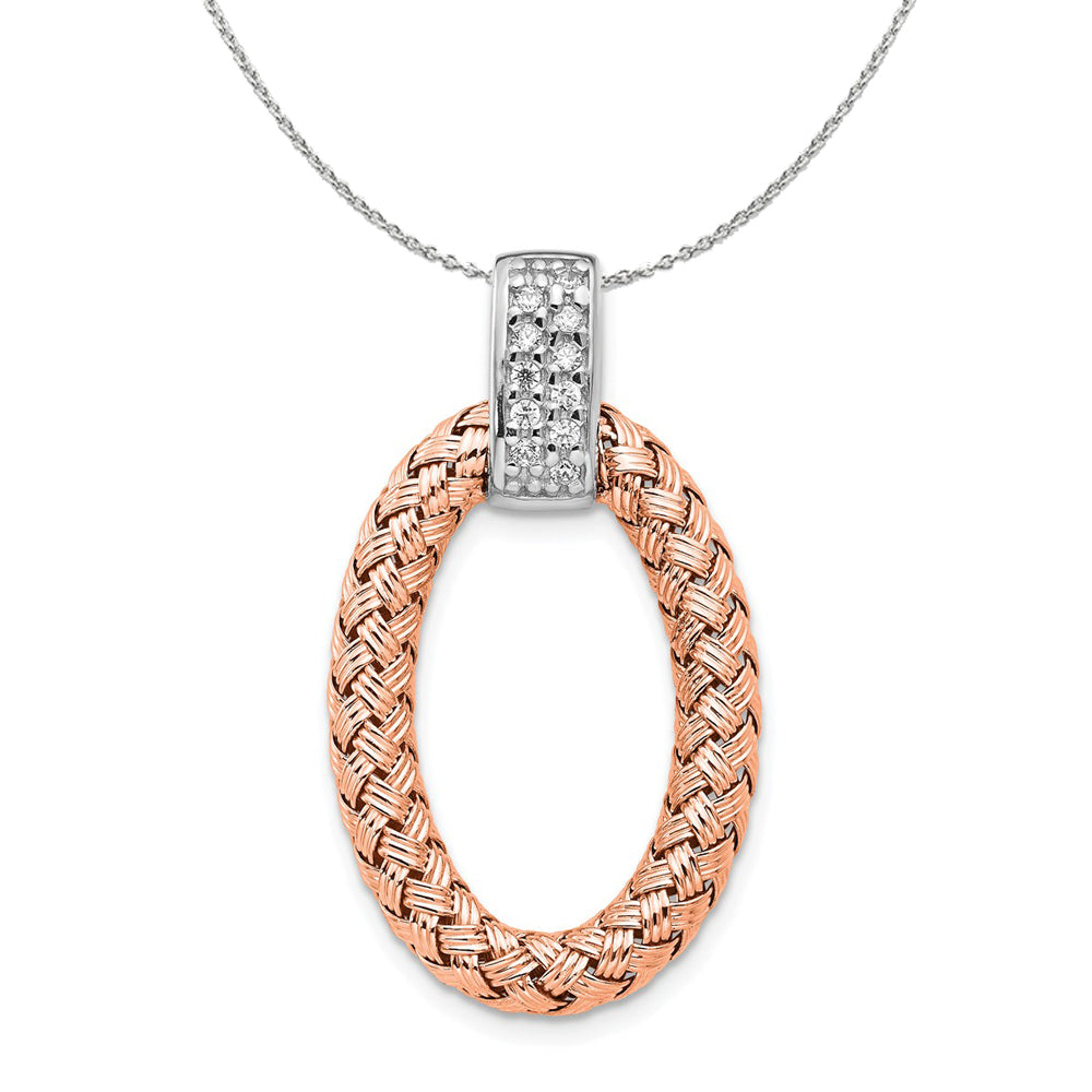 Rose Gold Tone Plated Silver &amp; CZ Braided Oval 17 x 30mm Necklace, Item N16182 by The Black Bow Jewelry Co.