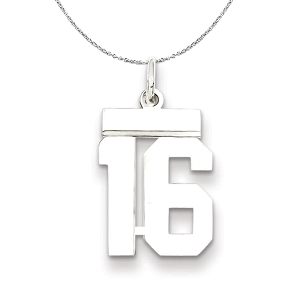 Silver, Athletic Collection Medium Polished Number 16 Necklace, Item N16225 by The Black Bow Jewelry Co.
