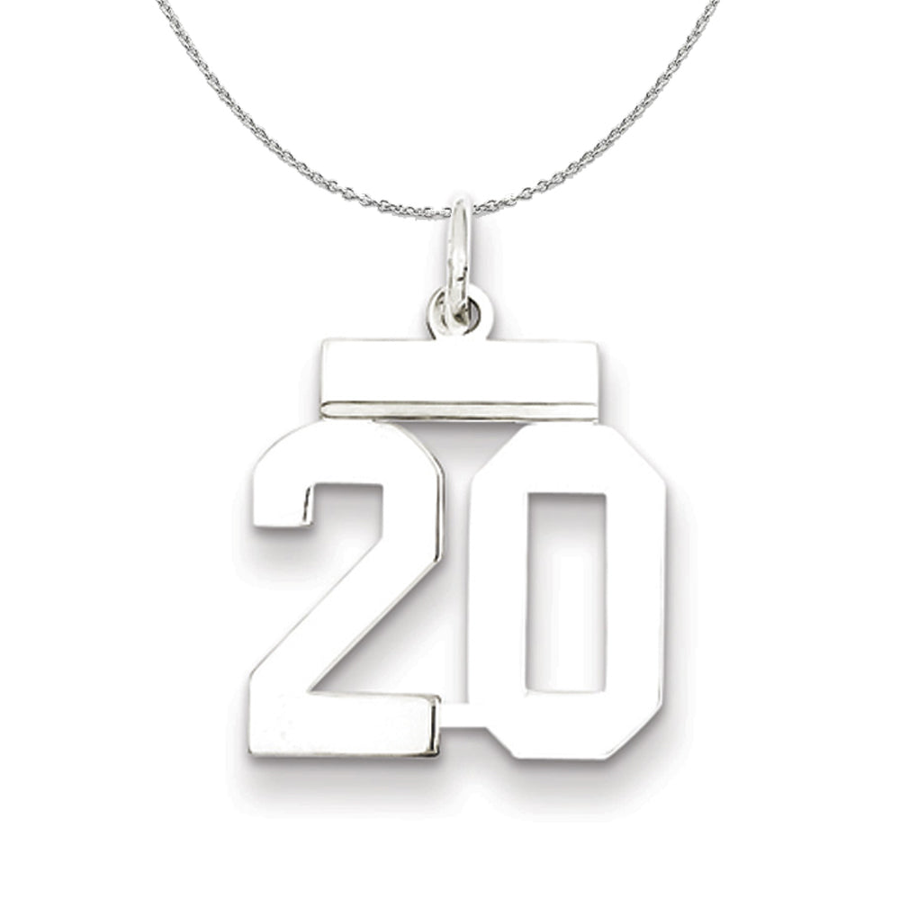 Silver, Athletic Collection Medium Polished Number 20 Necklace, Item N16230 by The Black Bow Jewelry Co.