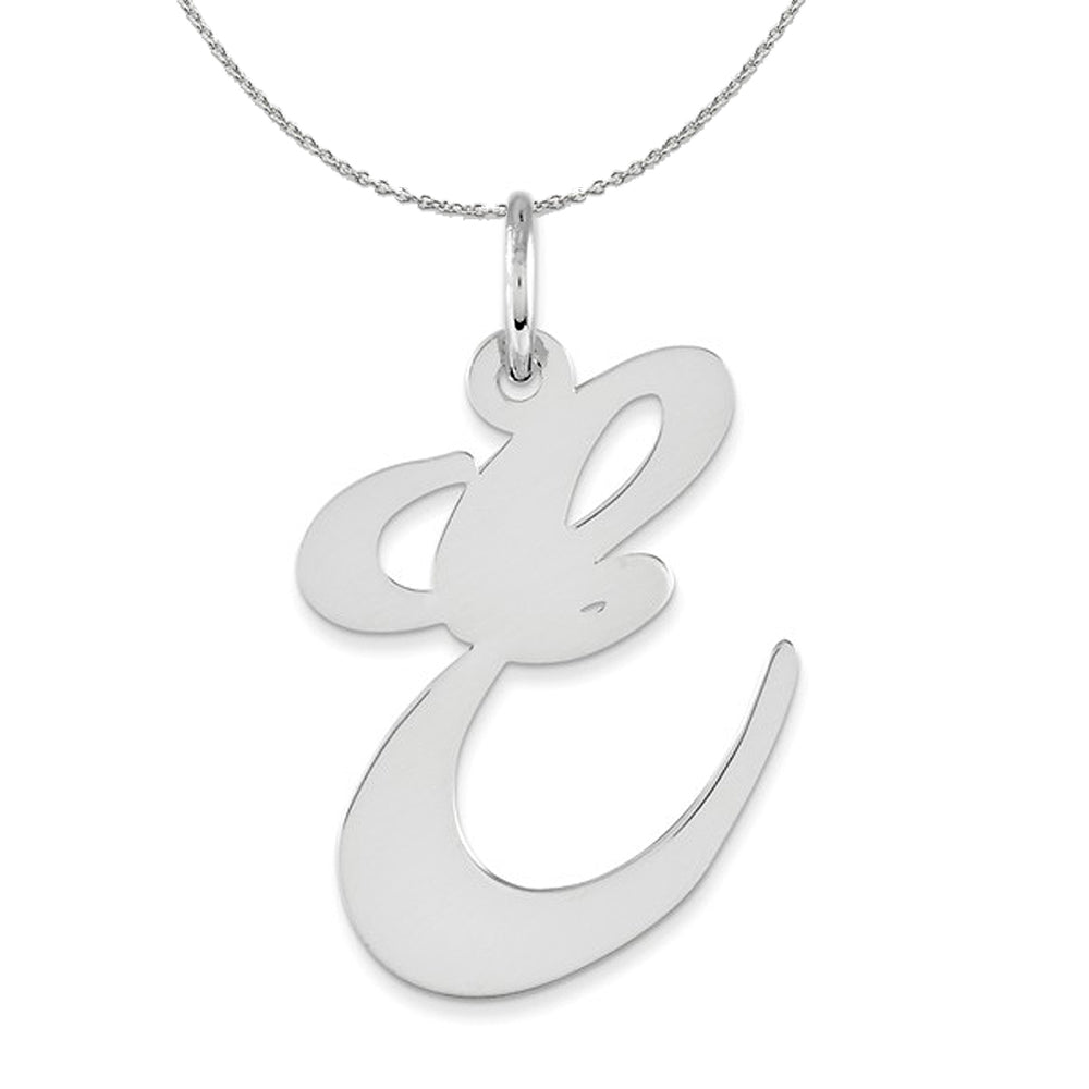 Sterling Silver, Ella Collection, LG Fancy Script Initial E Necklace, Item N16321 by The Black Bow Jewelry Co.