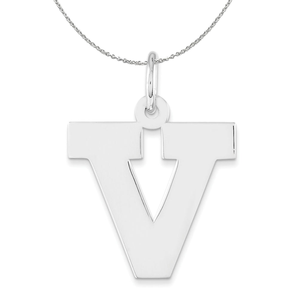 Silver Amanda Collection Medium Block Style Initial V Necklace, Item N16364 by The Black Bow Jewelry Co.
