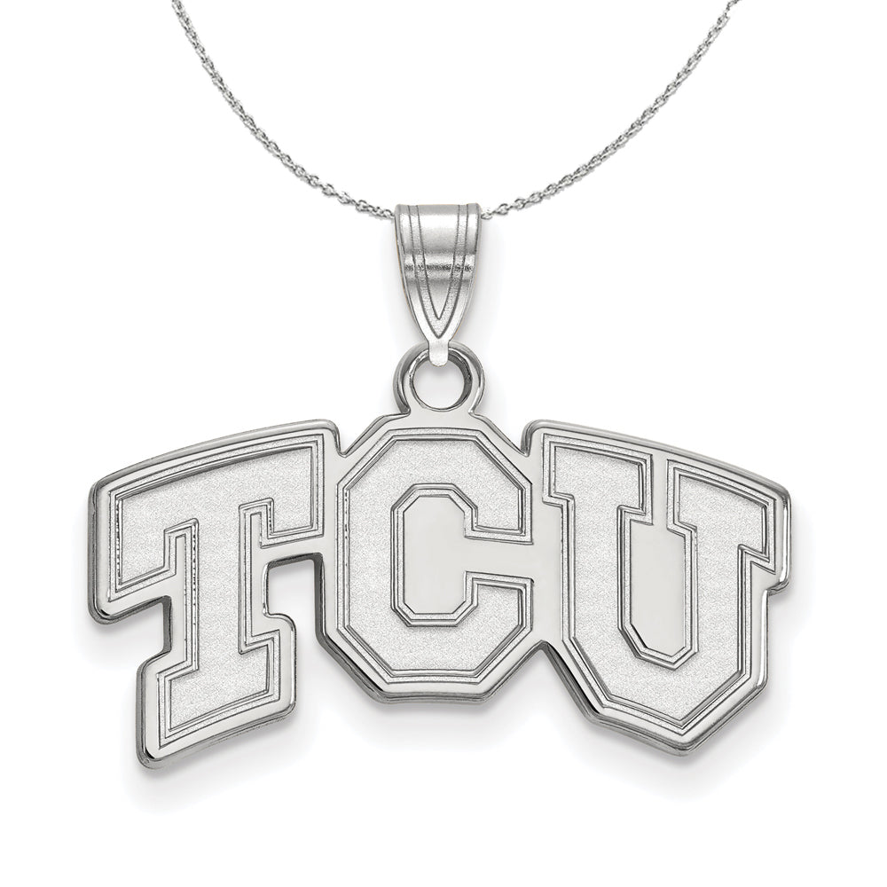 Sterling Silver Texas Christian U. Small &#39;TCU&#39; Pendant Necklace, Item N16539 by The Black Bow Jewelry Co.