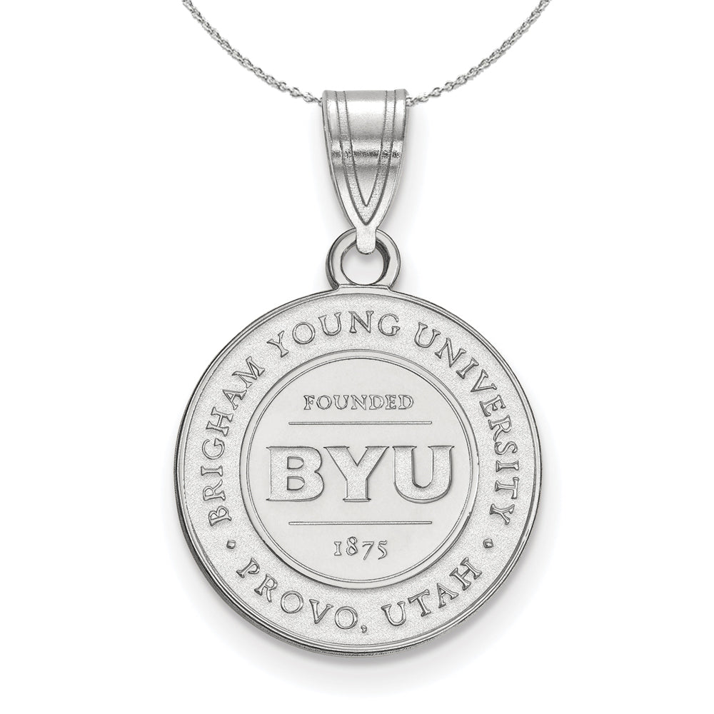 Sterling Silver Brigham Young U Medium Crest Disc Necklace, Item N16626 by The Black Bow Jewelry Co.