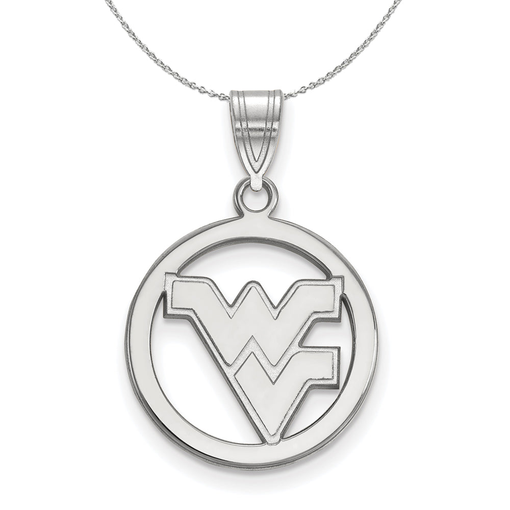Sterling Silver West Virginia U. Small Circle Pendant Necklace, Item N16849 by The Black Bow Jewelry Co.
