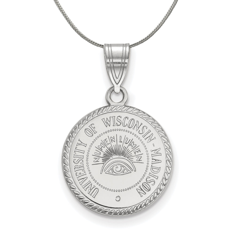Sterling Silver U. of Wisconsin Medium Crest Disc Necklace, Item N17008 by The Black Bow Jewelry Co.