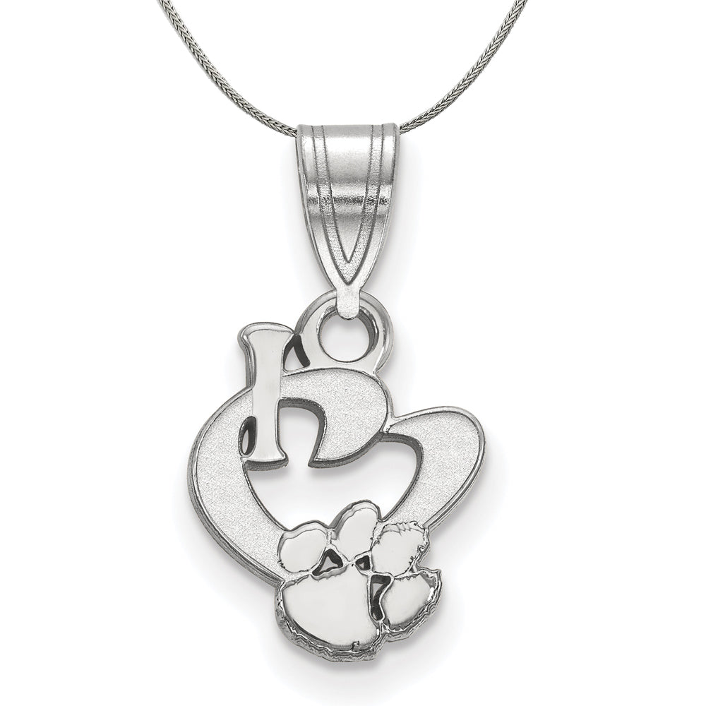 Sterling Silver Clemson U Small I Love Logo Pendant Necklace, Item N17728 by The Black Bow Jewelry Co.