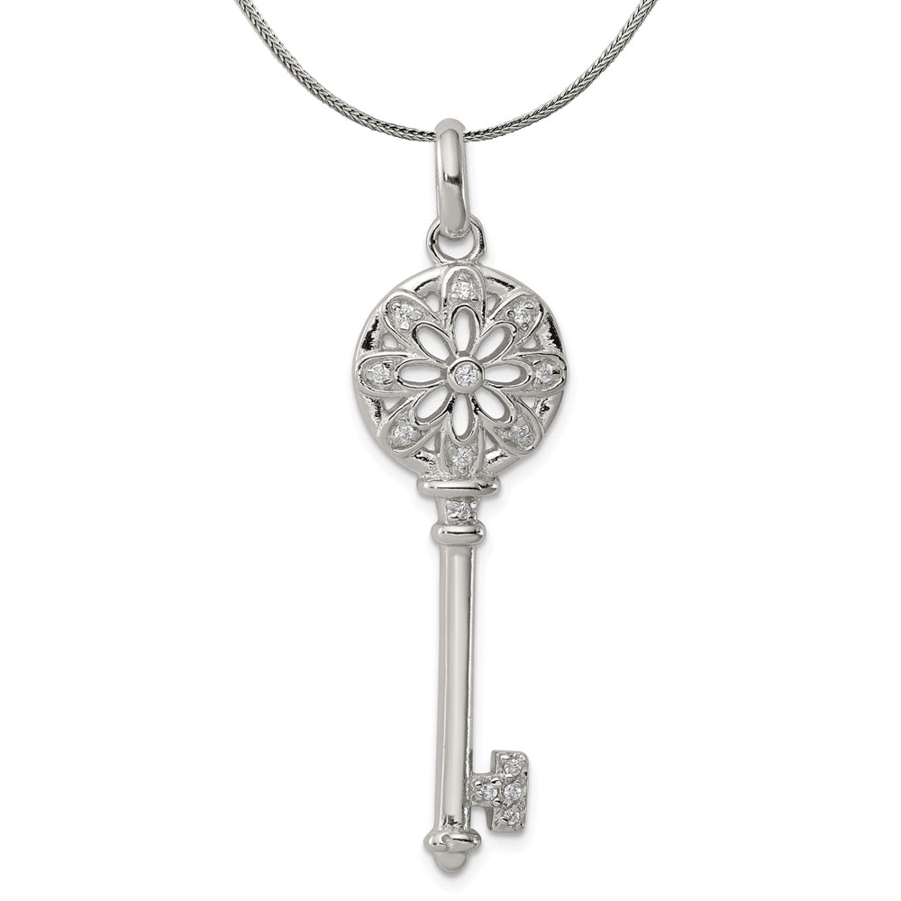 Sterling Silver and Cubic Zirconia Vintage Floret Key Pendant Necklace, Item N18019 by The Black Bow Jewelry Co.
