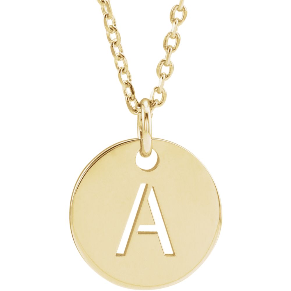 14k Yellow Gold Initial A, Small 10mm Pierced Disc Necklace, 16-18 In., Item N18187-A by The Black Bow Jewelry Co.
