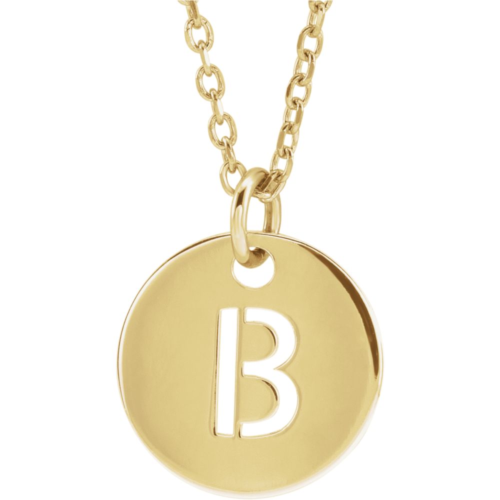 14k Yellow Gold Initial B, Small 10mm Pierced Disc Necklace, 16-18 In., Item N18187-B by The Black Bow Jewelry Co.