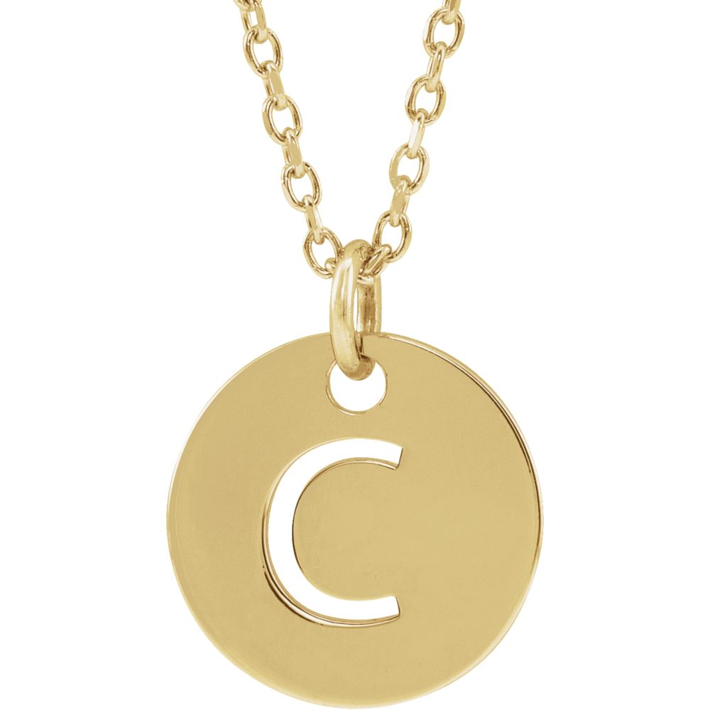 14k Yellow Gold Initial C, Small 10mm Pierced Disc Necklace, 16-18 In., Item N18187-C by The Black Bow Jewelry Co.