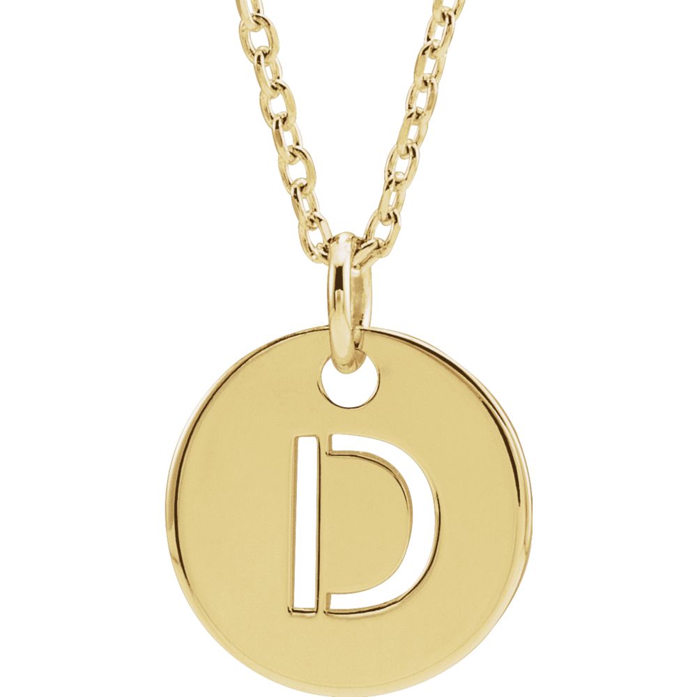 14k Yellow Gold Initial D, Small 10mm Pierced Disc Necklace, 16-18 In., Item N18187-D by The Black Bow Jewelry Co.
