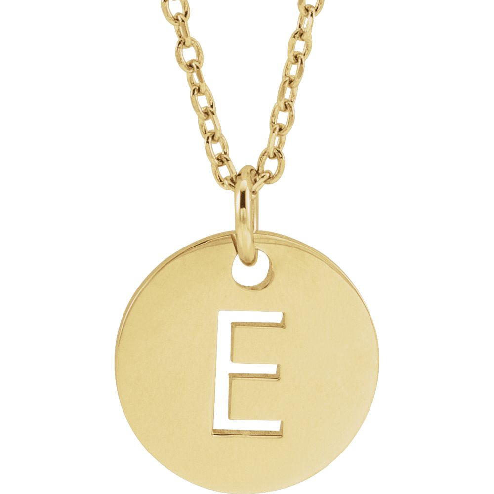 14k Yellow Gold Initial E, Small 10mm Pierced Disc Necklace, 16-18 In., Item N18187-E by The Black Bow Jewelry Co.