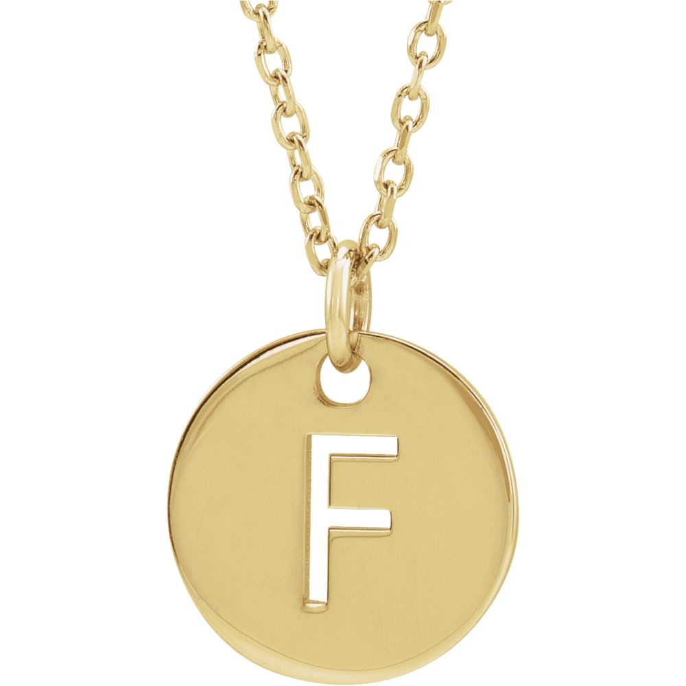14k Yellow Gold Initial F, Small 10mm Pierced Disc Necklace, 16-18 In., Item N18187-F by The Black Bow Jewelry Co.