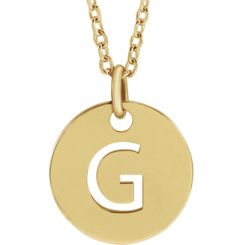 14k Yellow Gold Initial G, Small 10mm Pierced Disc Necklace, 16-18 In., Item N18187-G by The Black Bow Jewelry Co.