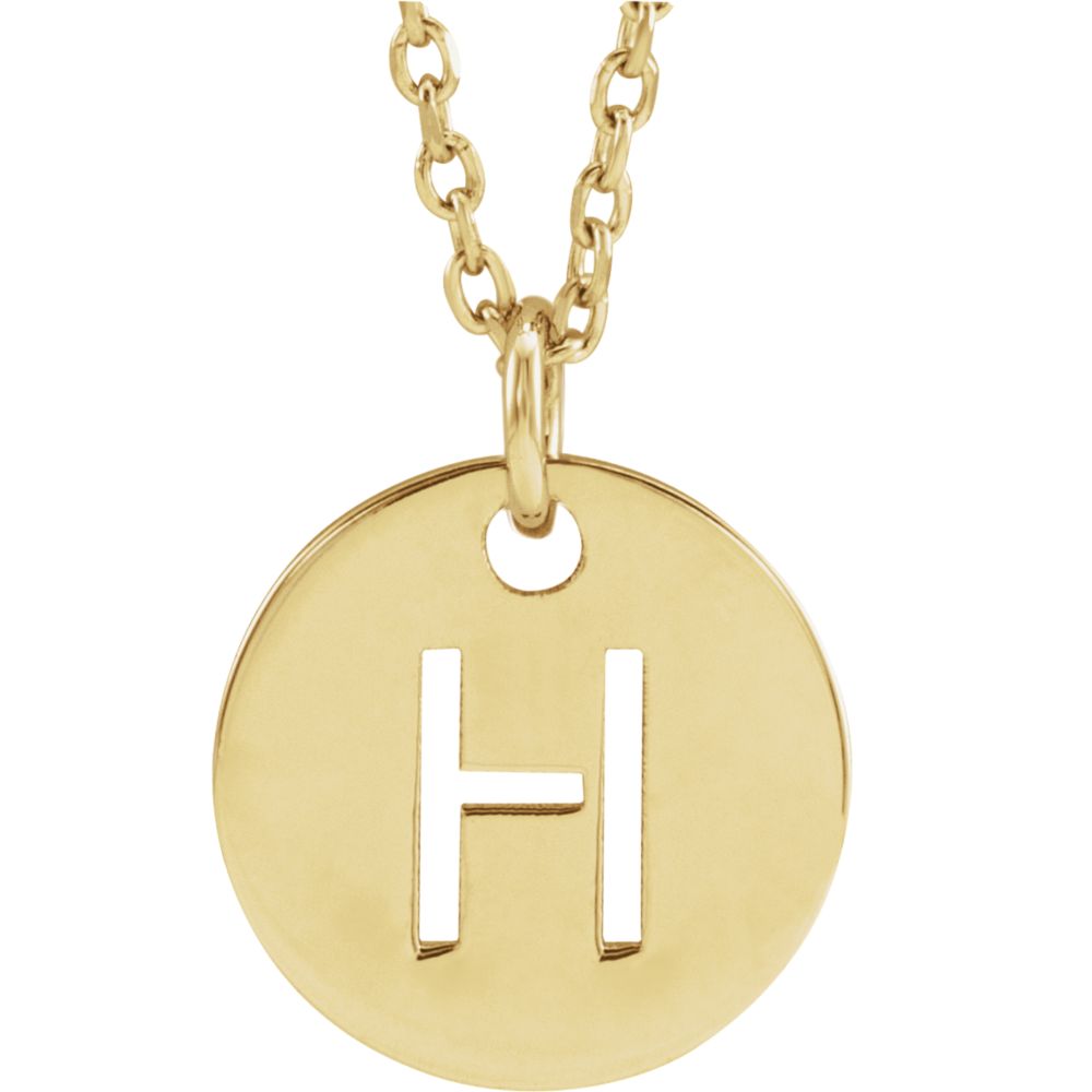 14k Yellow Gold Initial H, Small 10mm Pierced Disc Necklace, 16-18 In., Item N18187-H by The Black Bow Jewelry Co.