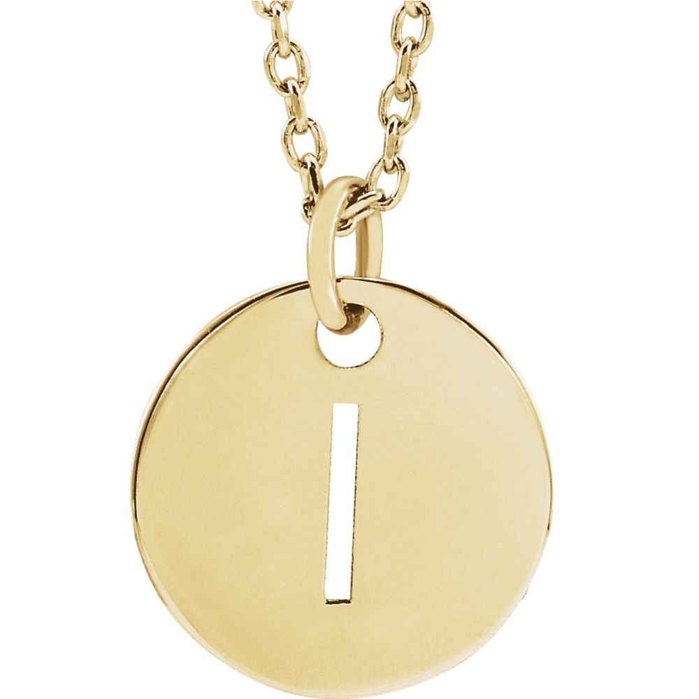 14k Yellow Gold Initial I, Small 10mm Pierced Disc Necklace, 16-18 In., Item N18187-I by The Black Bow Jewelry Co.