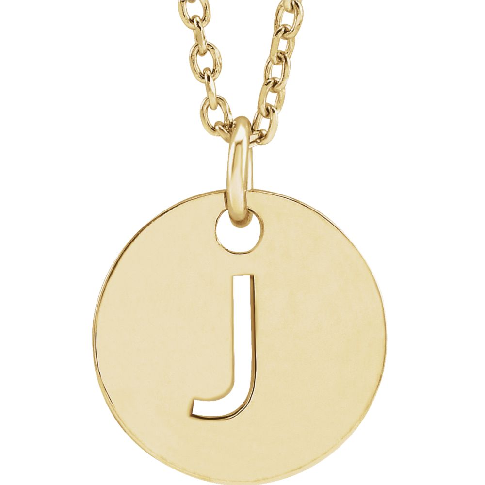 14k Yellow Gold Initial J, Small 10mm Pierced Disc Necklace, 16-18 In., Item N18187-J by The Black Bow Jewelry Co.