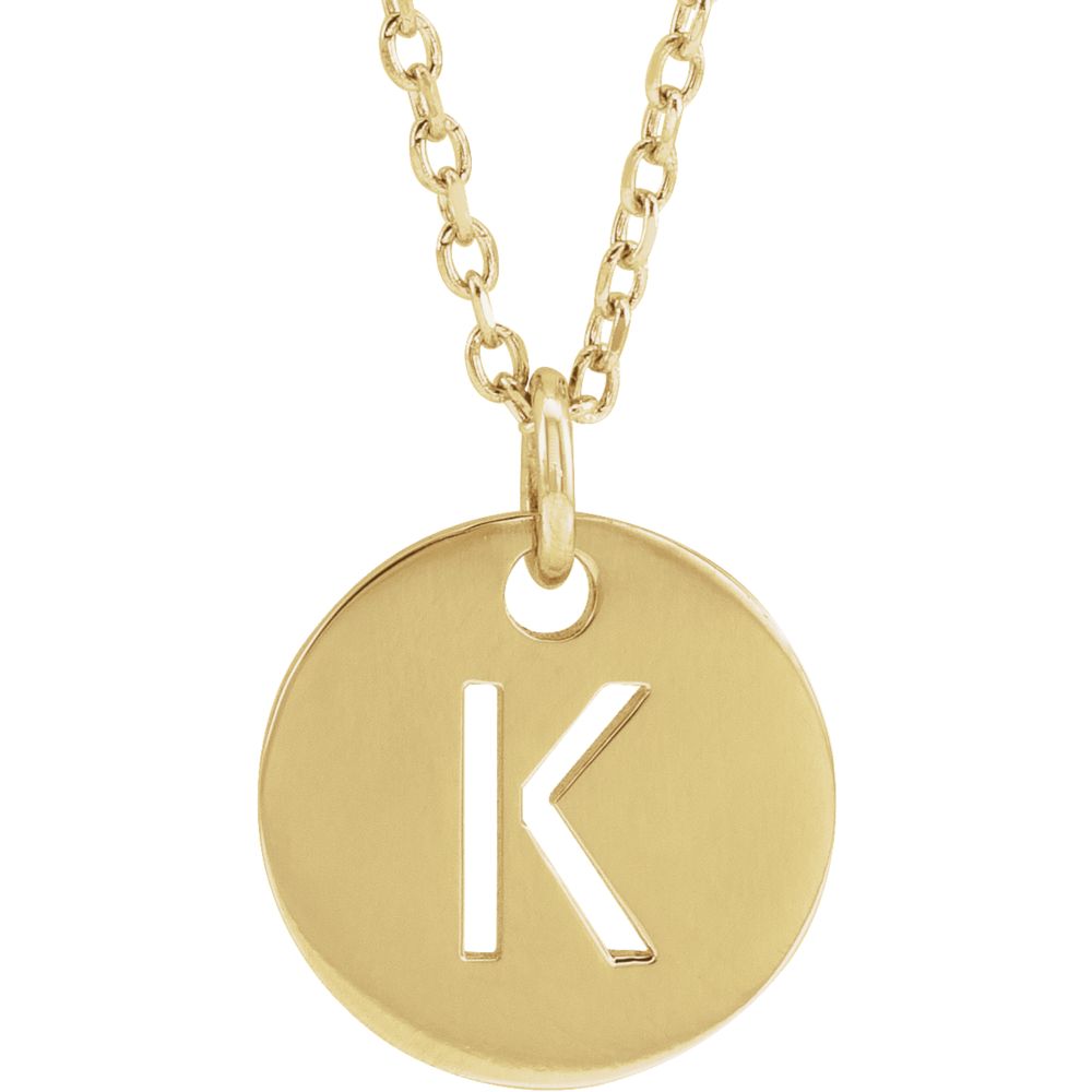 14k Yellow Gold Initial K, Small 10mm Pierced Disc Necklace, 16-18 In., Item N18187-K by The Black Bow Jewelry Co.