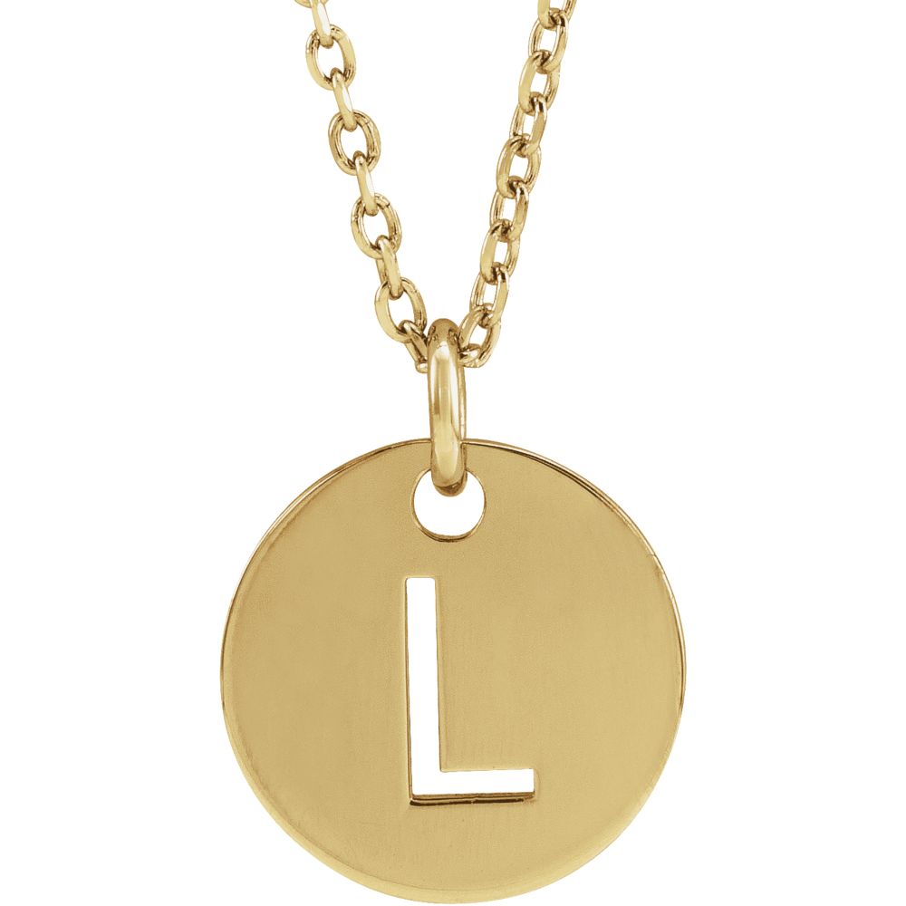 14k Yellow Gold Initial L, Small 10mm Pierced Disc Necklace, 16-18 In., Item N18187-L by The Black Bow Jewelry Co.