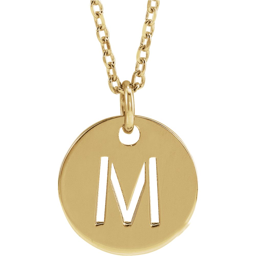 14k Yellow Gold Initial M, Small 10mm Pierced Disc Necklace, 16-18 In., Item N18187-M by The Black Bow Jewelry Co.