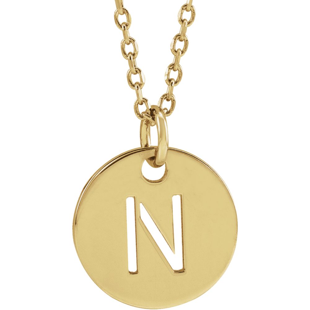 14k Yellow Gold Initial N, Small 10mm Pierced Disc Necklace, 16-18 In., Item N18187-N by The Black Bow Jewelry Co.