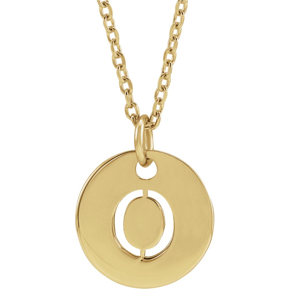 14k Yellow Gold Initial O, Small 10mm Pierced Disc Necklace, 16-18 In., Item N18187-O by The Black Bow Jewelry Co.