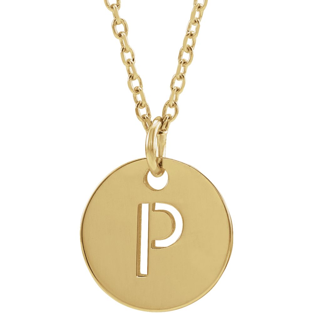 14k Yellow Gold Initial P, Small 10mm Pierced Disc Necklace, 16-18 In., Item N18187-P by The Black Bow Jewelry Co.