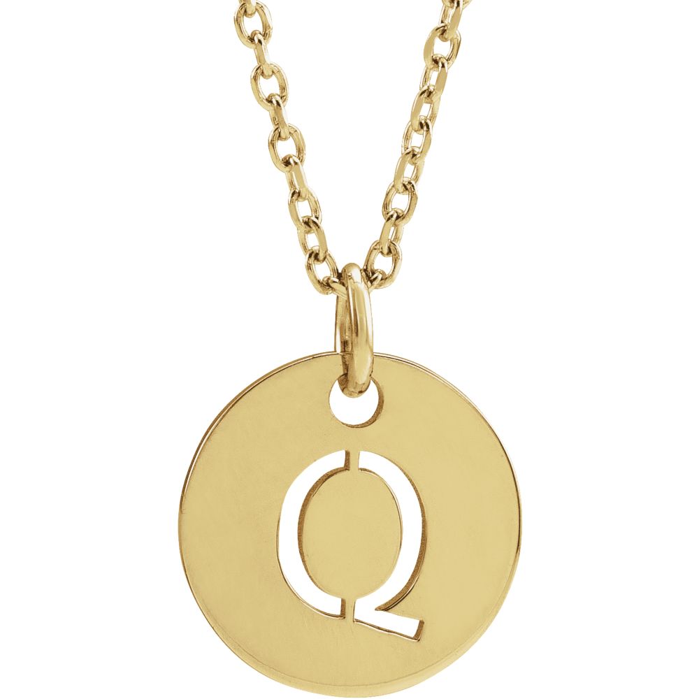 14k Yellow Gold Initial Q, Small 10mm Pierced Disc Necklace, 16-18 In., Item N18187-Q by The Black Bow Jewelry Co.