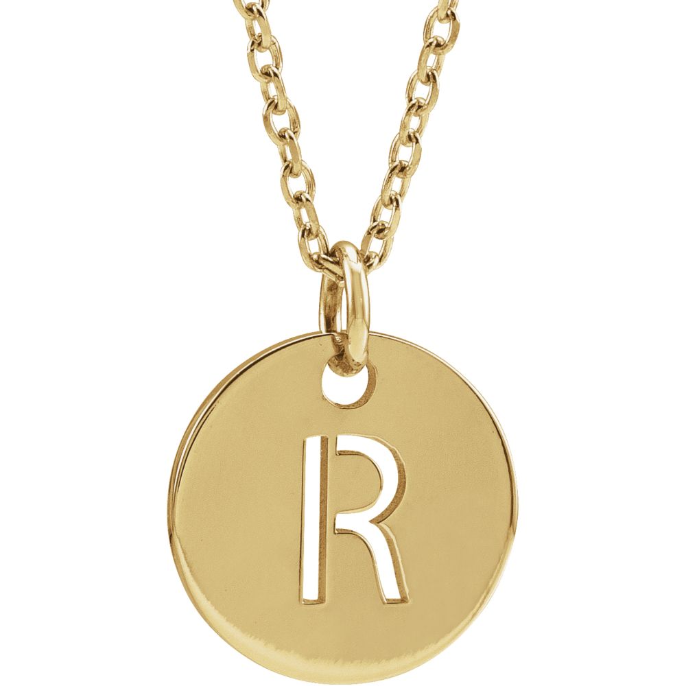 14k Yellow Gold Initial R, Small 10mm Pierced Disc Necklace, 16-18 In., Item N18187-R by The Black Bow Jewelry Co.