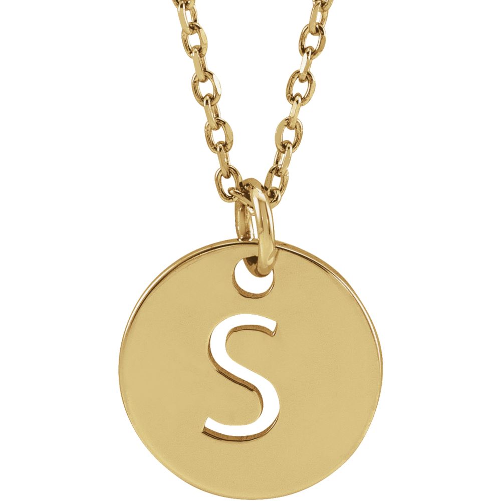 14k Yellow Gold Initial S, Small 10mm Pierced Disc Necklace, 16-18 In., Item N18187-S by The Black Bow Jewelry Co.