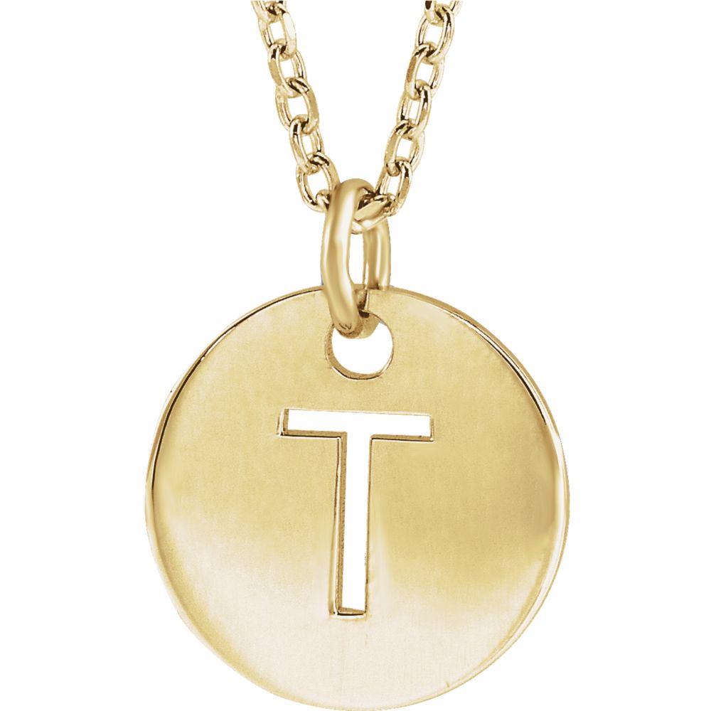 14k Yellow Gold Initial T, Small 10mm Pierced Disc Necklace, 16-18 In., Item N18187-T by The Black Bow Jewelry Co.