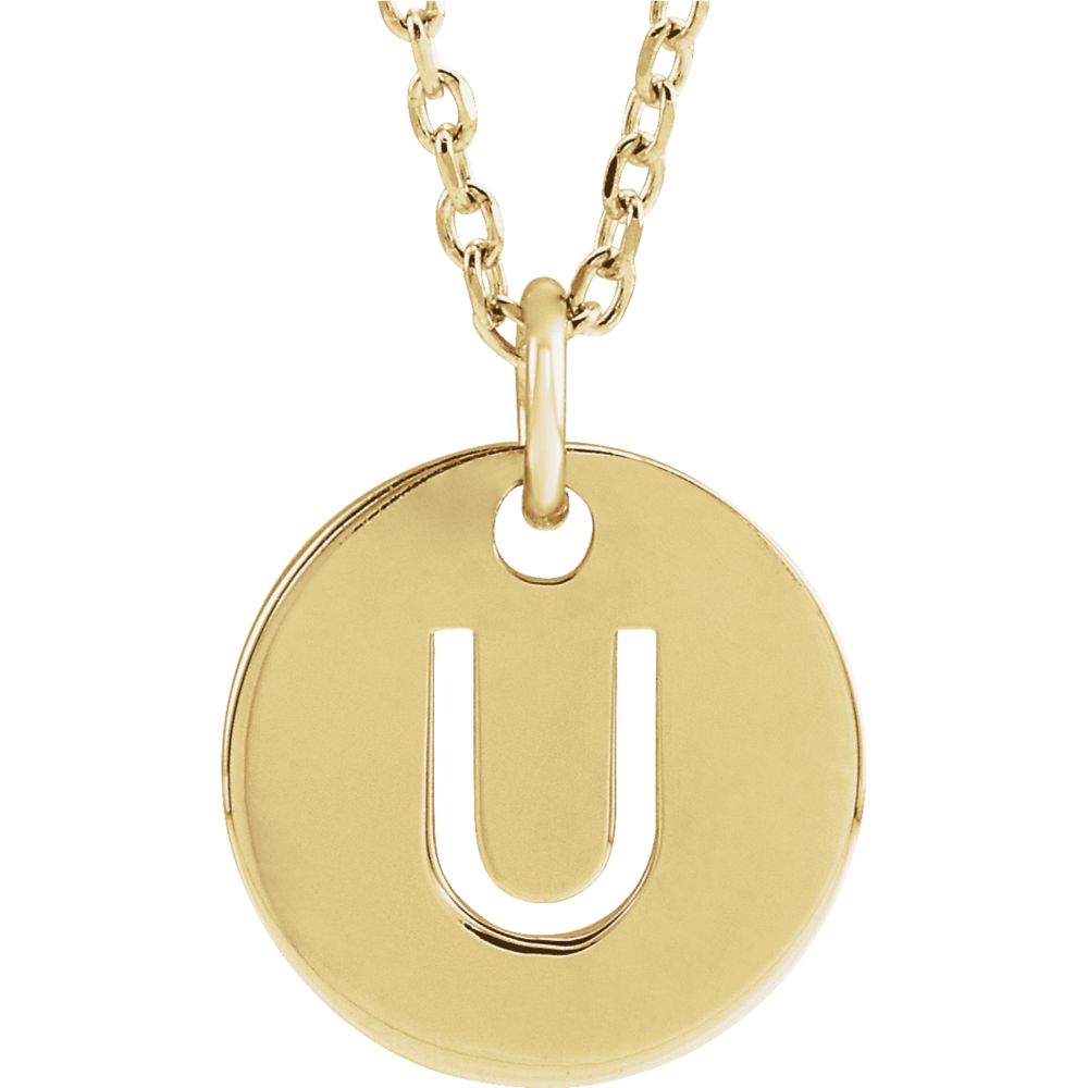 14k Yellow Gold Initial U, Small 10mm Pierced Disc Necklace, 16-18 In., Item N18187-U by The Black Bow Jewelry Co.