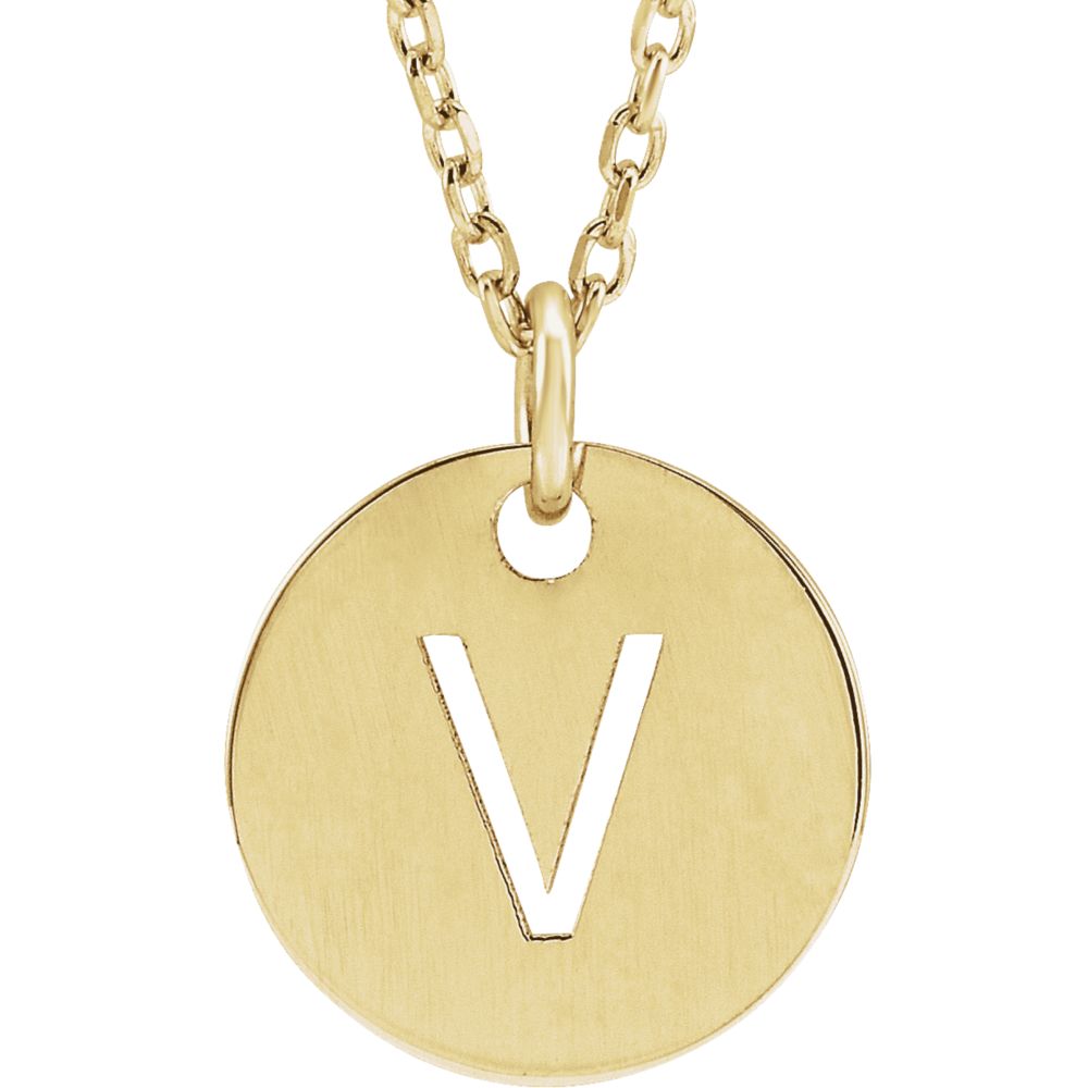 14k Yellow Gold Initial V, Small 10mm Pierced Disc Necklace, 16-18 In., Item N18187-V by The Black Bow Jewelry Co.