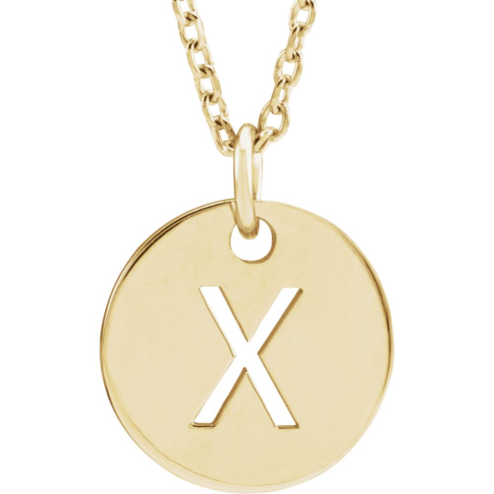14k Yellow Gold Initial X, Small 10mm Pierced Disc Necklace, 16-18 In., Item N18187-X by The Black Bow Jewelry Co.