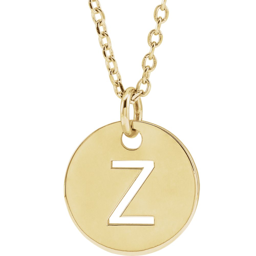 14k Yellow Gold Initial Z, Small 10mm Pierced Disc Necklace, 16-18 In., Item N18187-Z by The Black Bow Jewelry Co.