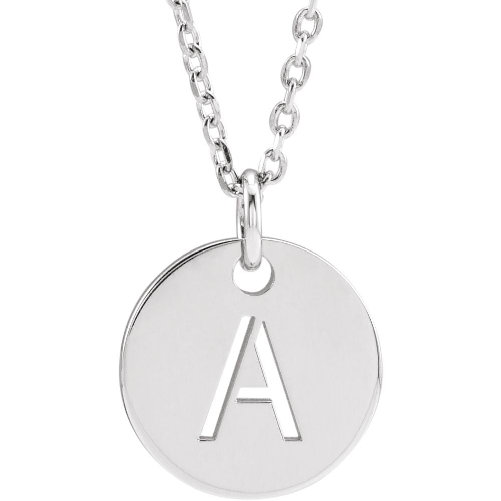 14k White Gold Initial A, Small 10mm Pierced Disc Necklace, 16-18 Inch, Item N18188-A by The Black Bow Jewelry Co.