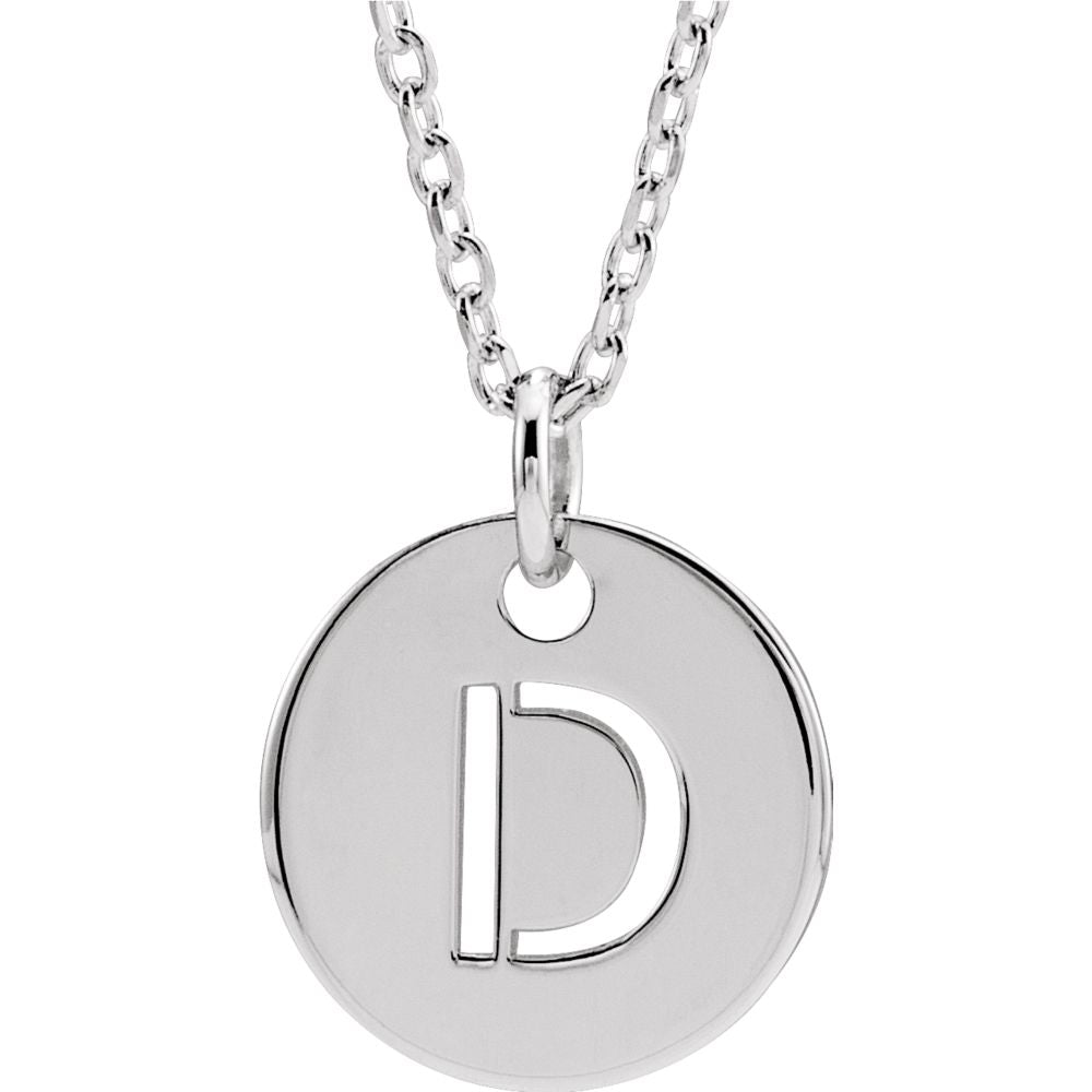 14k White Gold Initial D, Small 10mm Pierced Disc Necklace, 16-18 Inch, Item N18188-D by The Black Bow Jewelry Co.