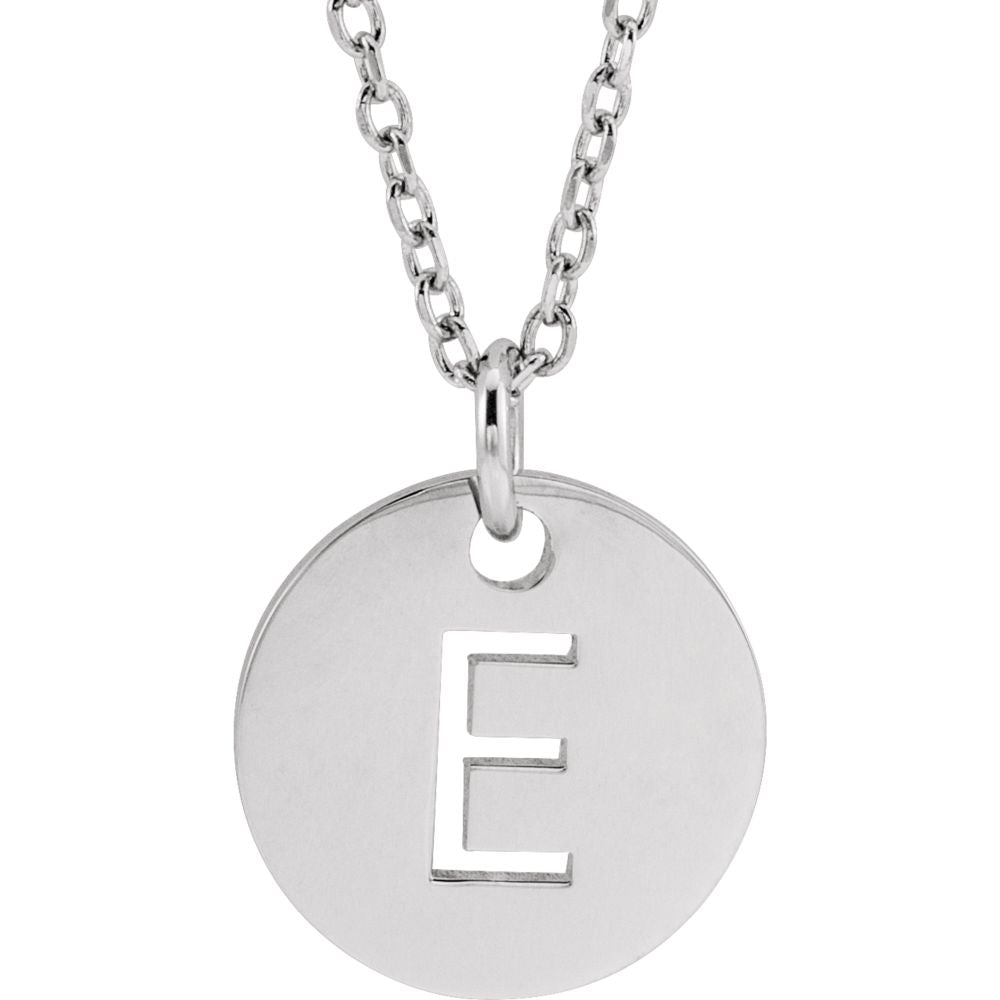 14k White Gold Initial E, Small 10mm Pierced Disc Necklace, 16-18 Inch, Item N18188-E by The Black Bow Jewelry Co.