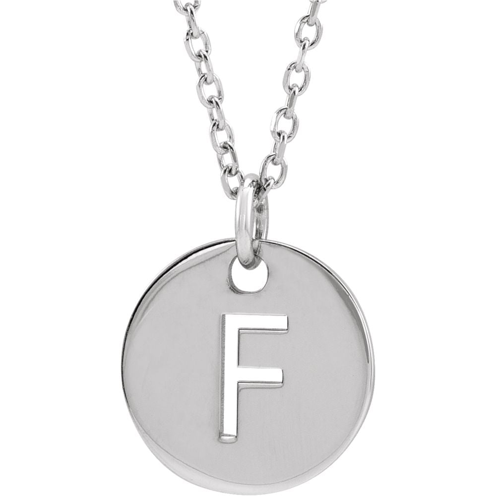 14k White Gold Initial F, Small 10mm Pierced Disc Necklace, 16-18 Inch, Item N18188-F by The Black Bow Jewelry Co.