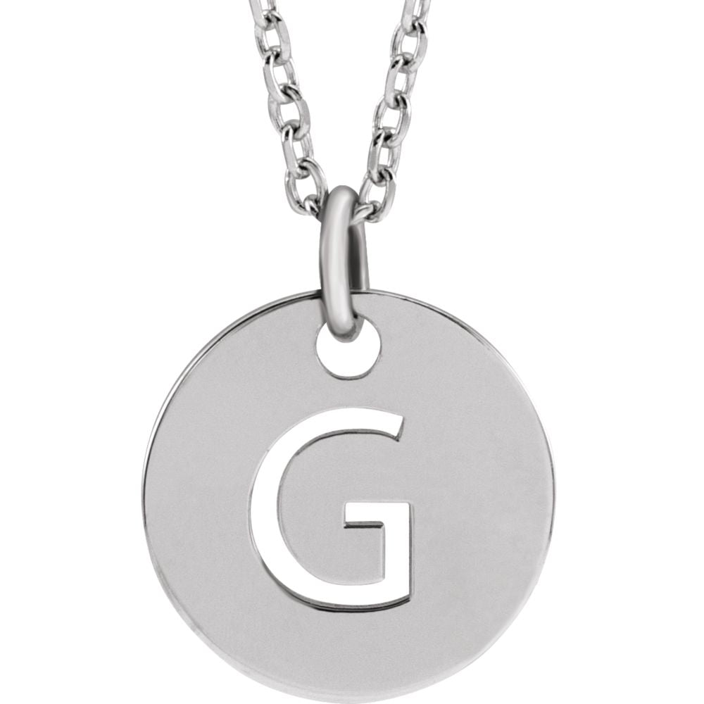 14k White Gold Initial G, Small 10mm Pierced Disc Necklace, 16-18 Inch, Item N18188-G by The Black Bow Jewelry Co.