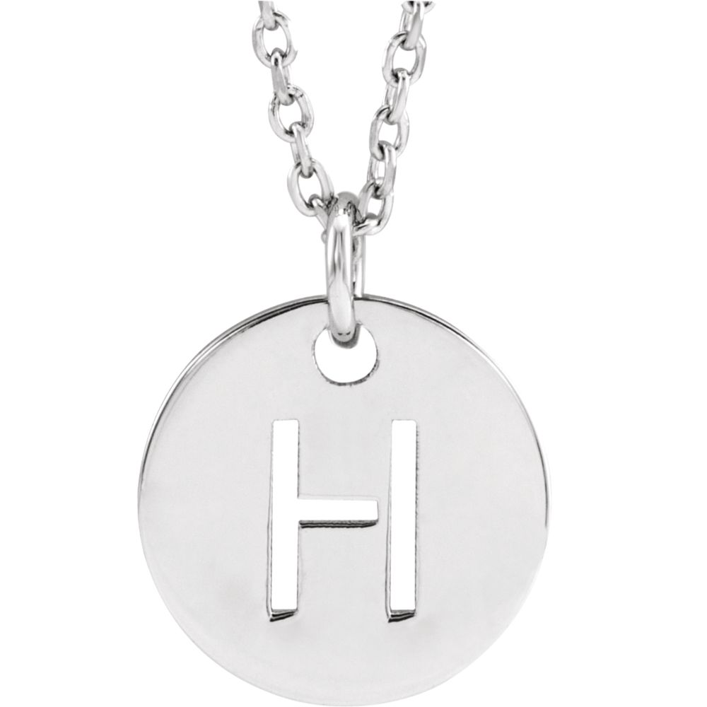 14k White Gold Initial H, Small 10mm Pierced Disc Necklace, 16-18 Inch, Item N18188-H by The Black Bow Jewelry Co.