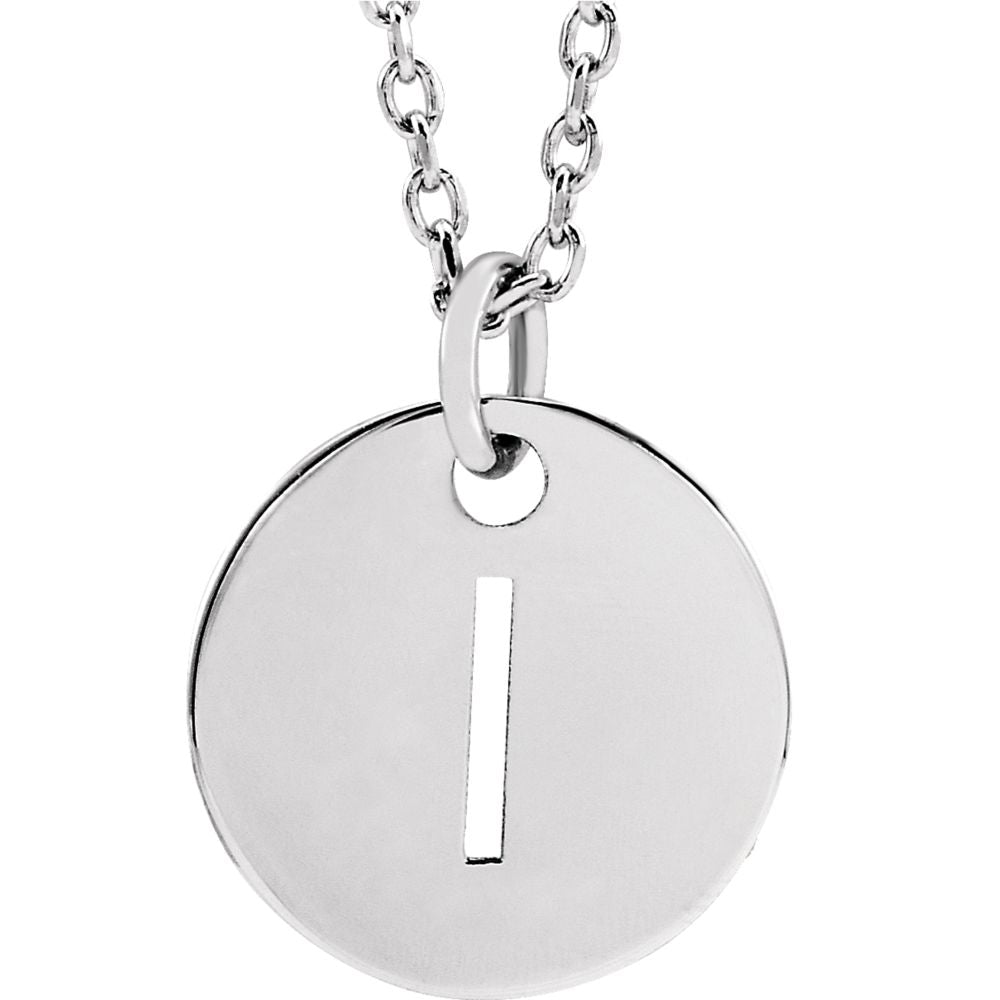 14k White Gold Initial I, Small 10mm Pierced Disc Necklace, 16-18 Inch, Item N18188-I by The Black Bow Jewelry Co.