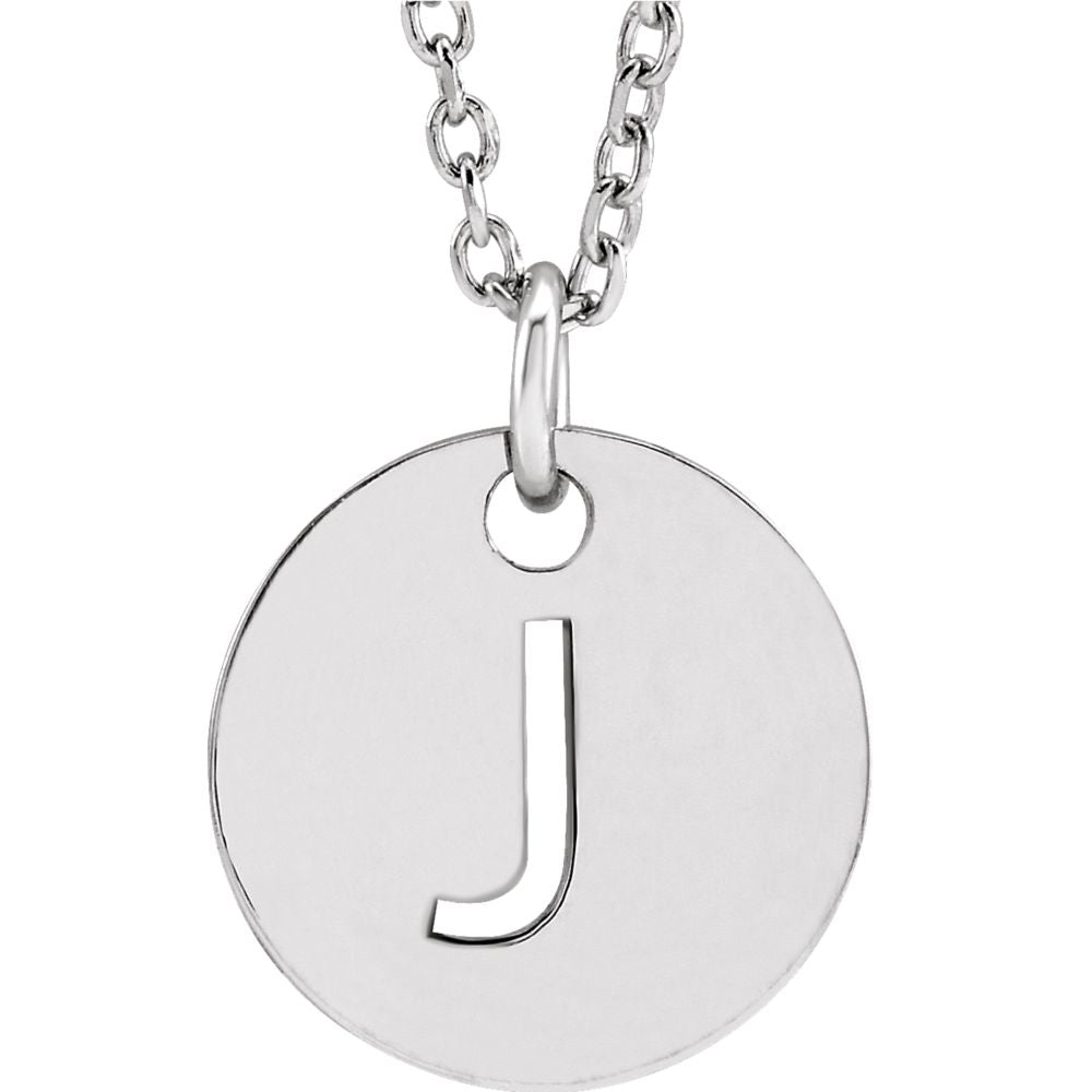 14k White Gold Initial J, Small 10mm Pierced Disc Necklace, 16-18 Inch, Item N18188-J by The Black Bow Jewelry Co.