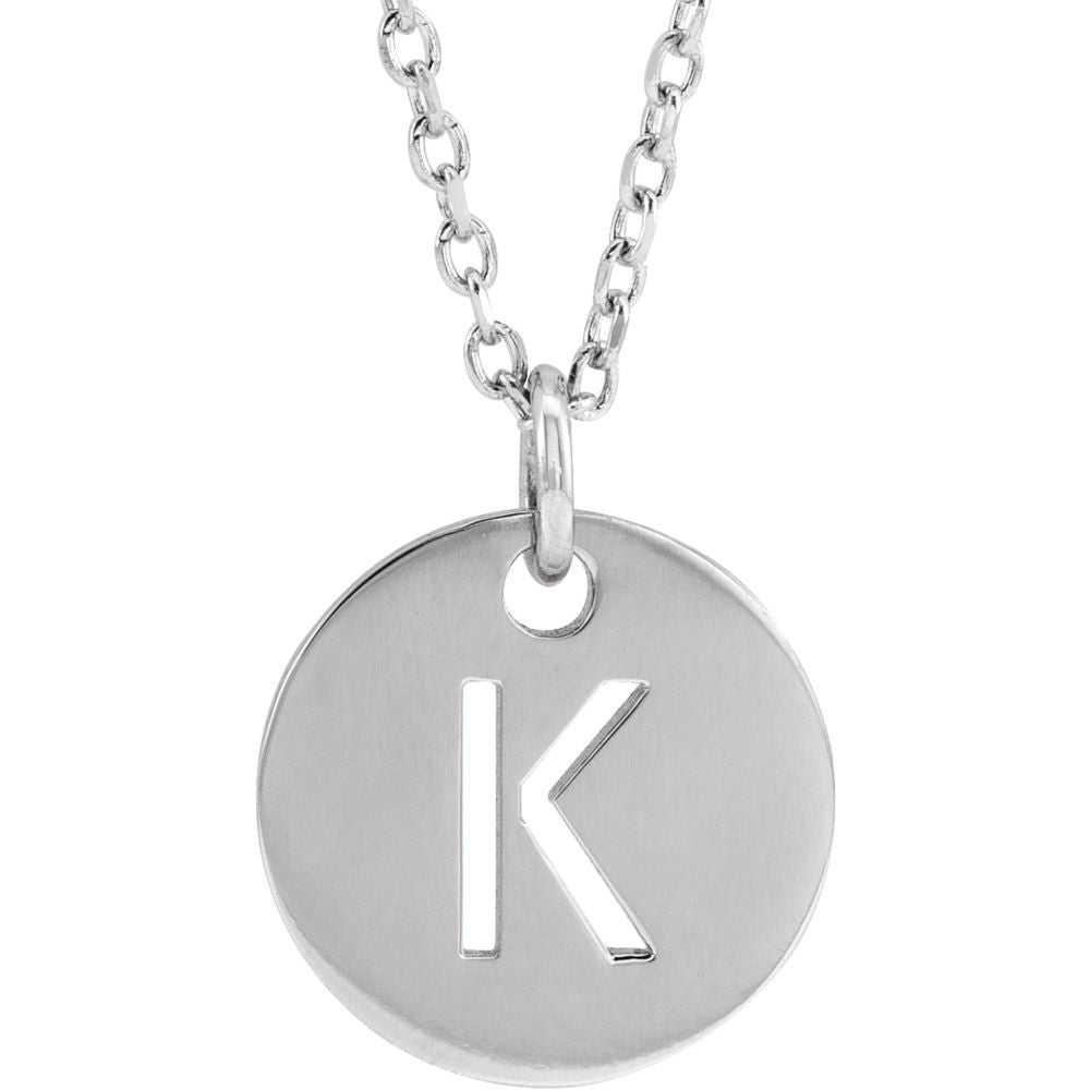 14k White Gold Initial K, Small 10mm Pierced Disc Necklace, 16-18 Inch, Item N18188-K by The Black Bow Jewelry Co.