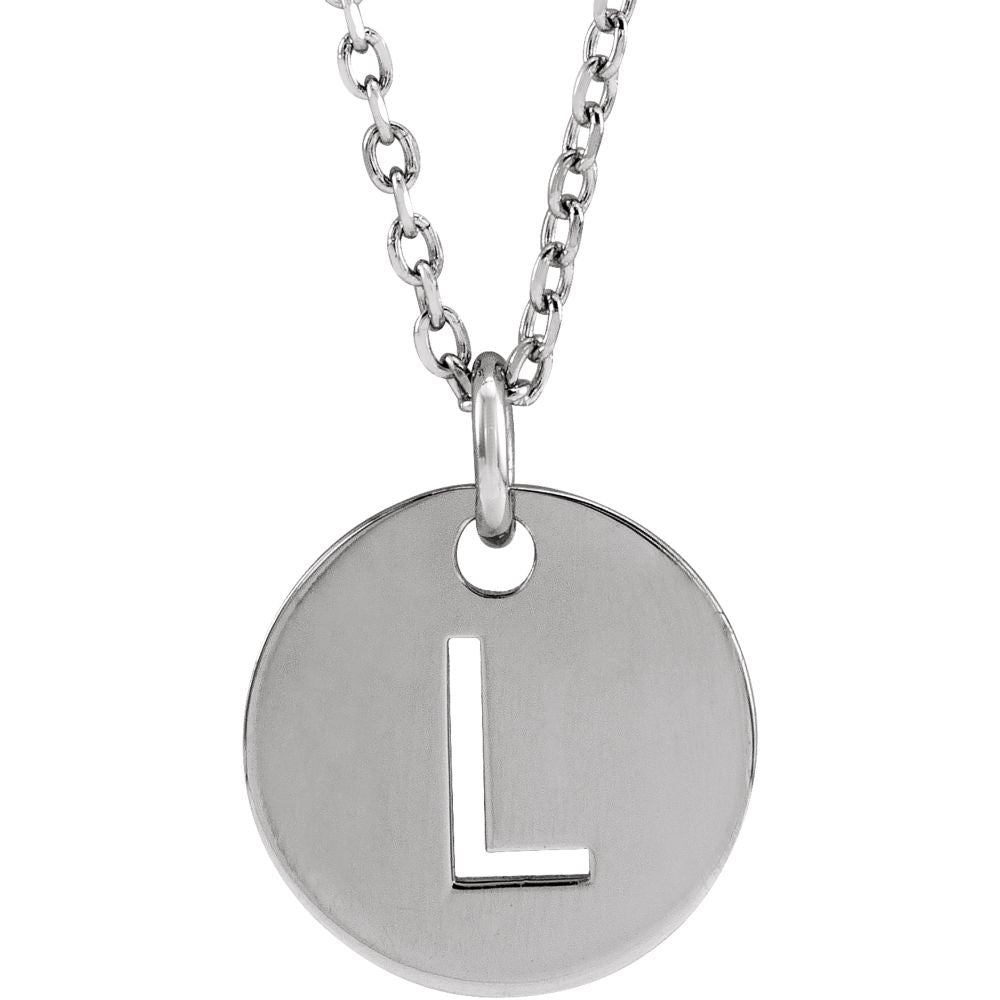 14k White Gold Initial L, Small 10mm Pierced Disc Necklace, 16-18 Inch, Item N18188-L by The Black Bow Jewelry Co.