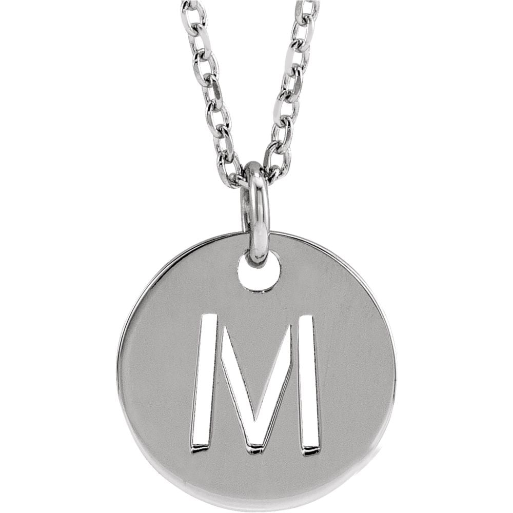 14k White Gold Initial M, Small 10mm Pierced Disc Necklace, 16-18 Inch, Item N18188-M by The Black Bow Jewelry Co.