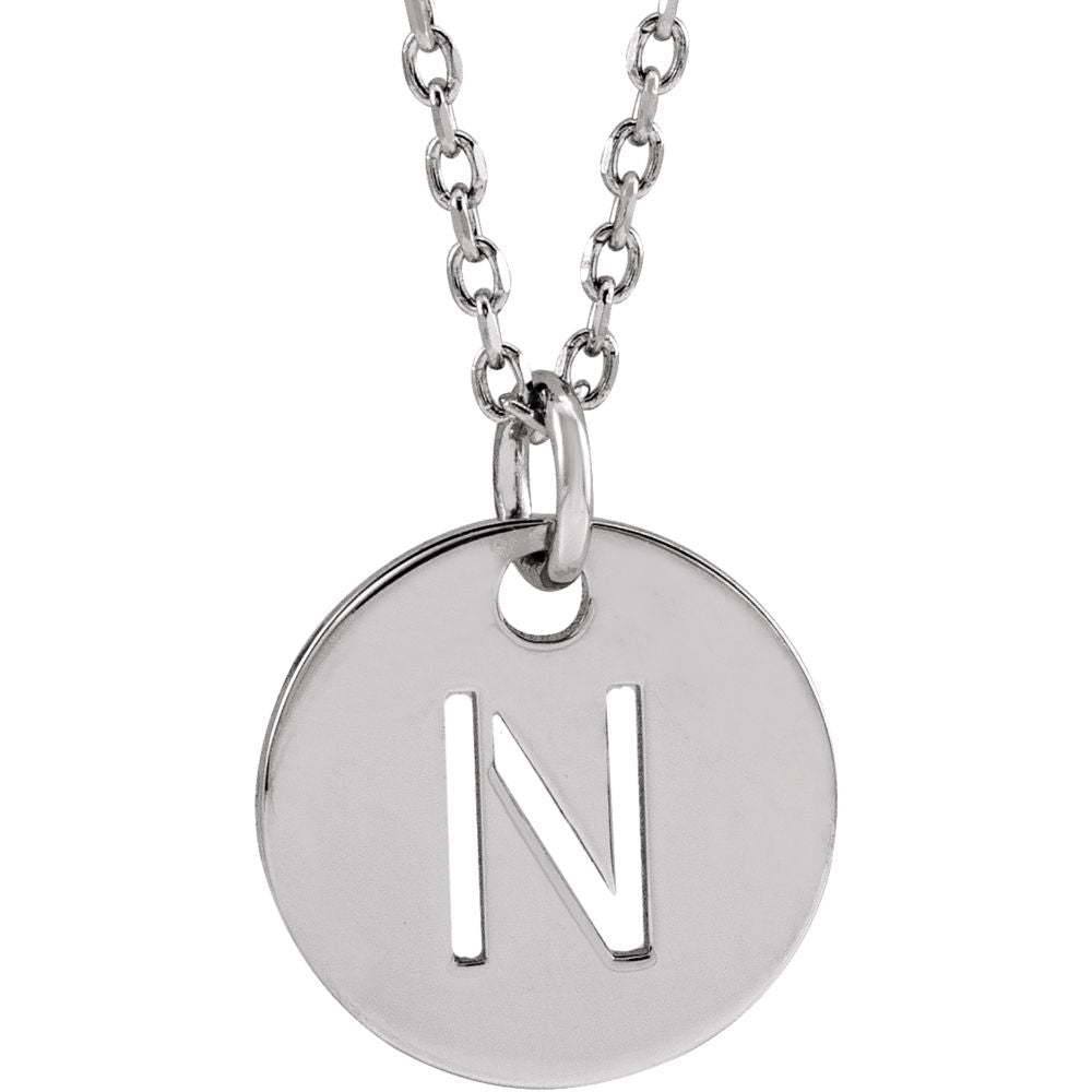 14k White Gold Initial N, Small 10mm Pierced Disc Necklace, 16-18 Inch, Item N18188-N by The Black Bow Jewelry Co.